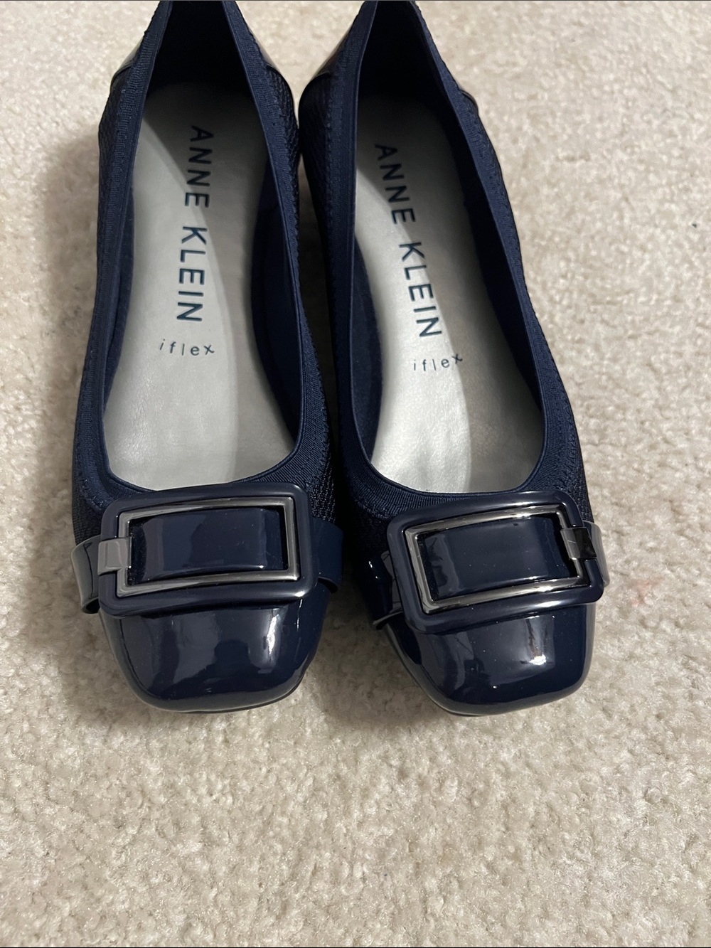 Anne Klein Navy Patent Square-Toe Flats with Buckle